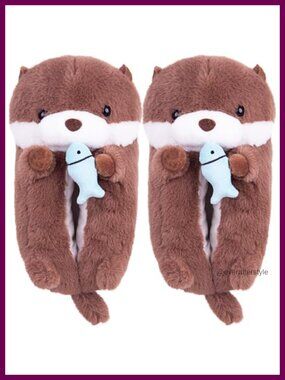 Otter Animal Slippers Plush Faux Fur Memory Foam Non-Slip Washable